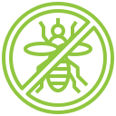 A green circle with a crossed out bee inside of it.