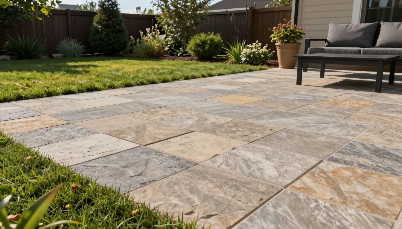 Stone patio with a grassy lawn and a seating area in a backyard.