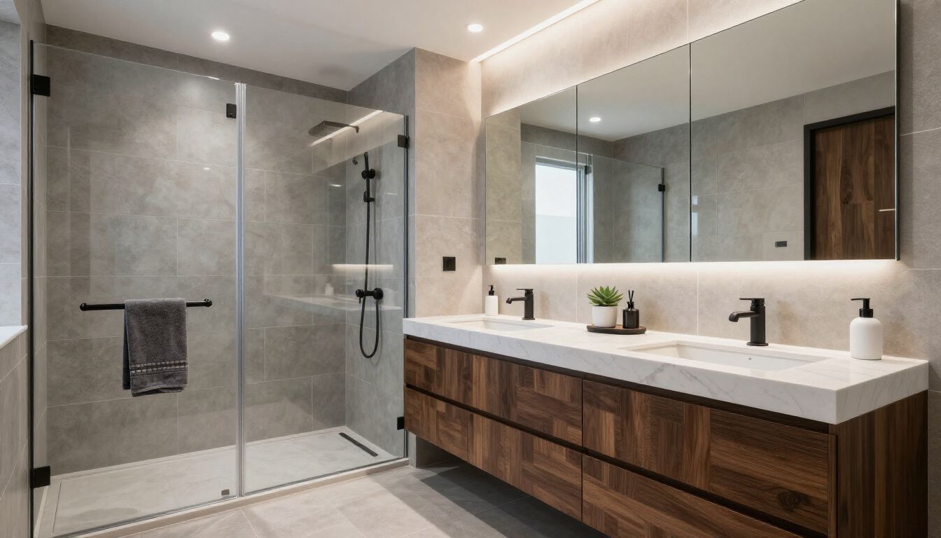 Modern bathroom with wood vanity, dual sinks, glass shower, and gray tile walls.