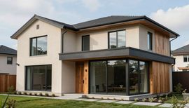 Two-story house with light stucco walls, wooden accents, and large windows.