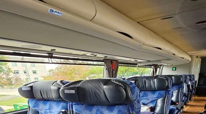 Un autobús turístico blanco está estacionado en un camino de ladrillos.