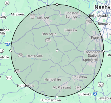 A map of nashville with a circle around it