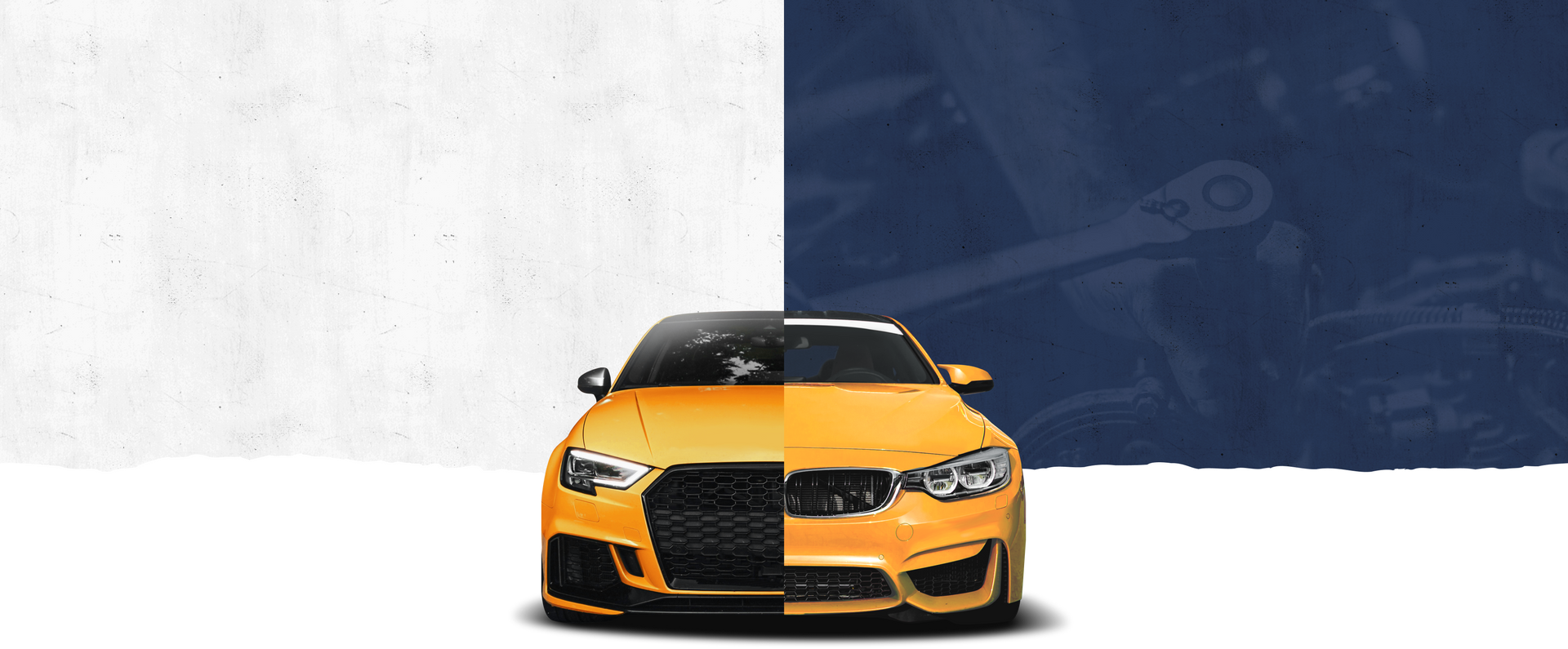 A yellow car is sitting on a white and blue background. | Silvhorn Automotive