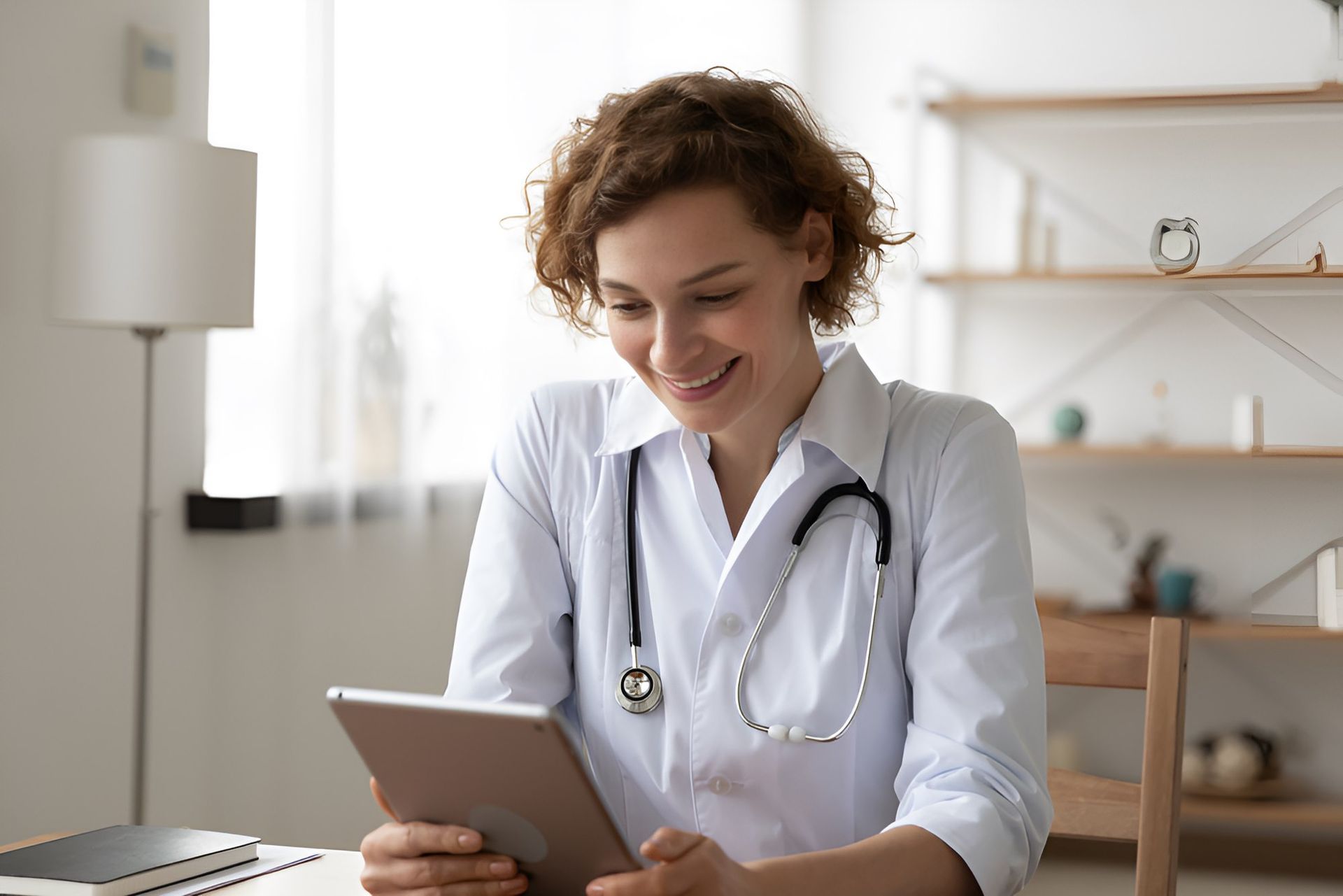 A Female Doctor is Sitting at a Desk Using a Tablet Computer — Optimus 1 Insurance Brokers in Westcourt, QLD