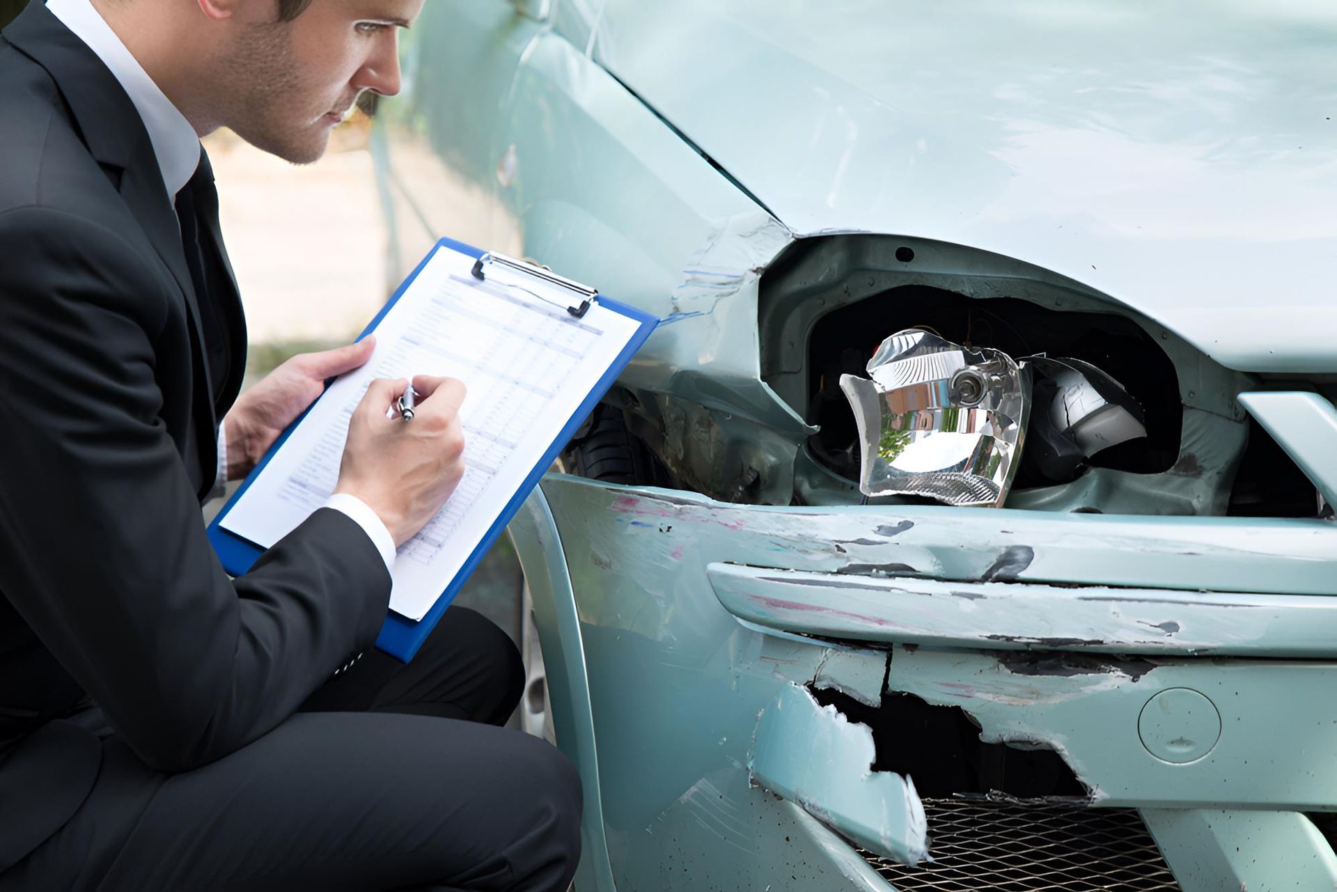 A Man in a Suit is Writing on a Clipboard in Front of a Damaged Car — Optimus 1 Insurance Brokers in Westcourt, QLD