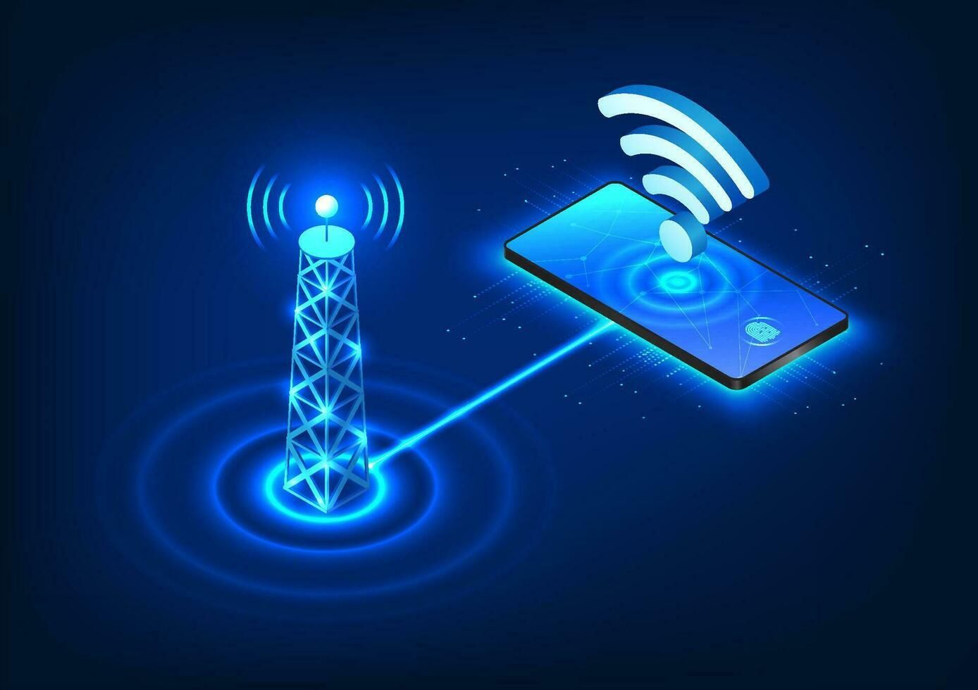 Glowing blue illustration of a cell tower transmitting data to a smartphone, showing WiFi signal.