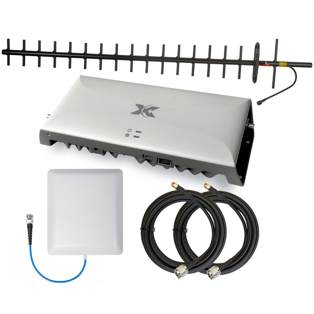 Cell signal booster kit, including antenna, amplifier, and cables.