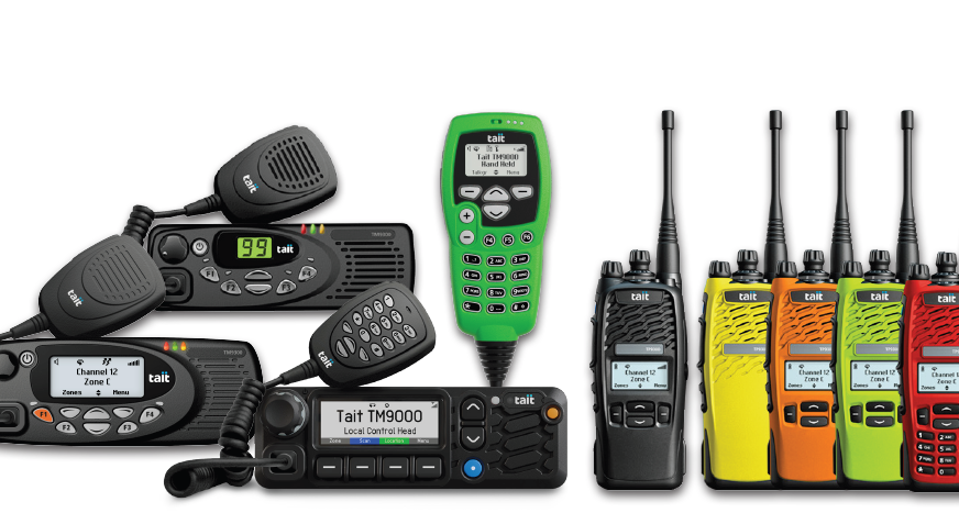 Various two-way radios in black, green, yellow, orange and red, some with attached microphones.