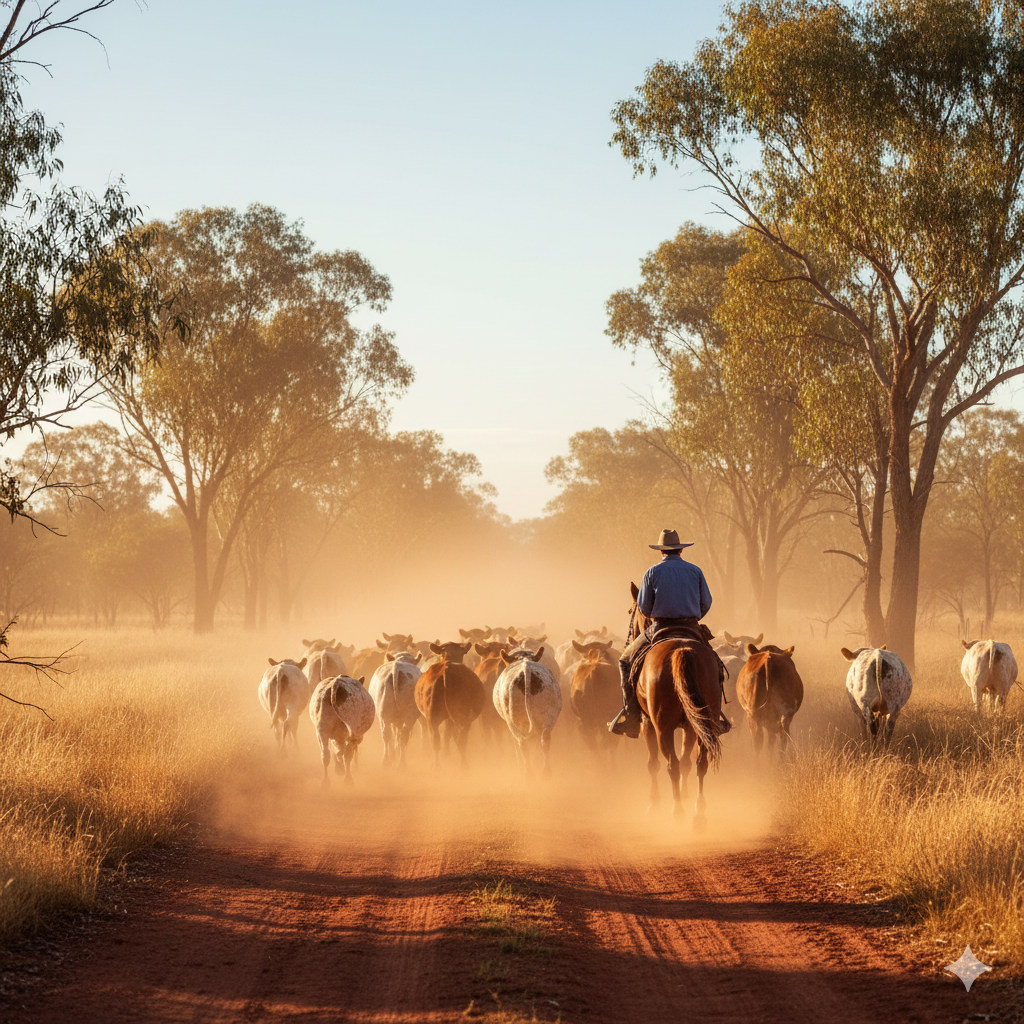 Cowboy on horseback herding cattle down a dusty path, trees lining the sides, sunlight.