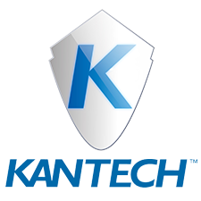 A kantech logo with a blue k on a white shield