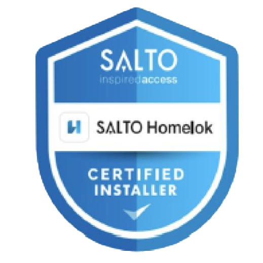 A blue and white shield that says salto homelok certified installer
