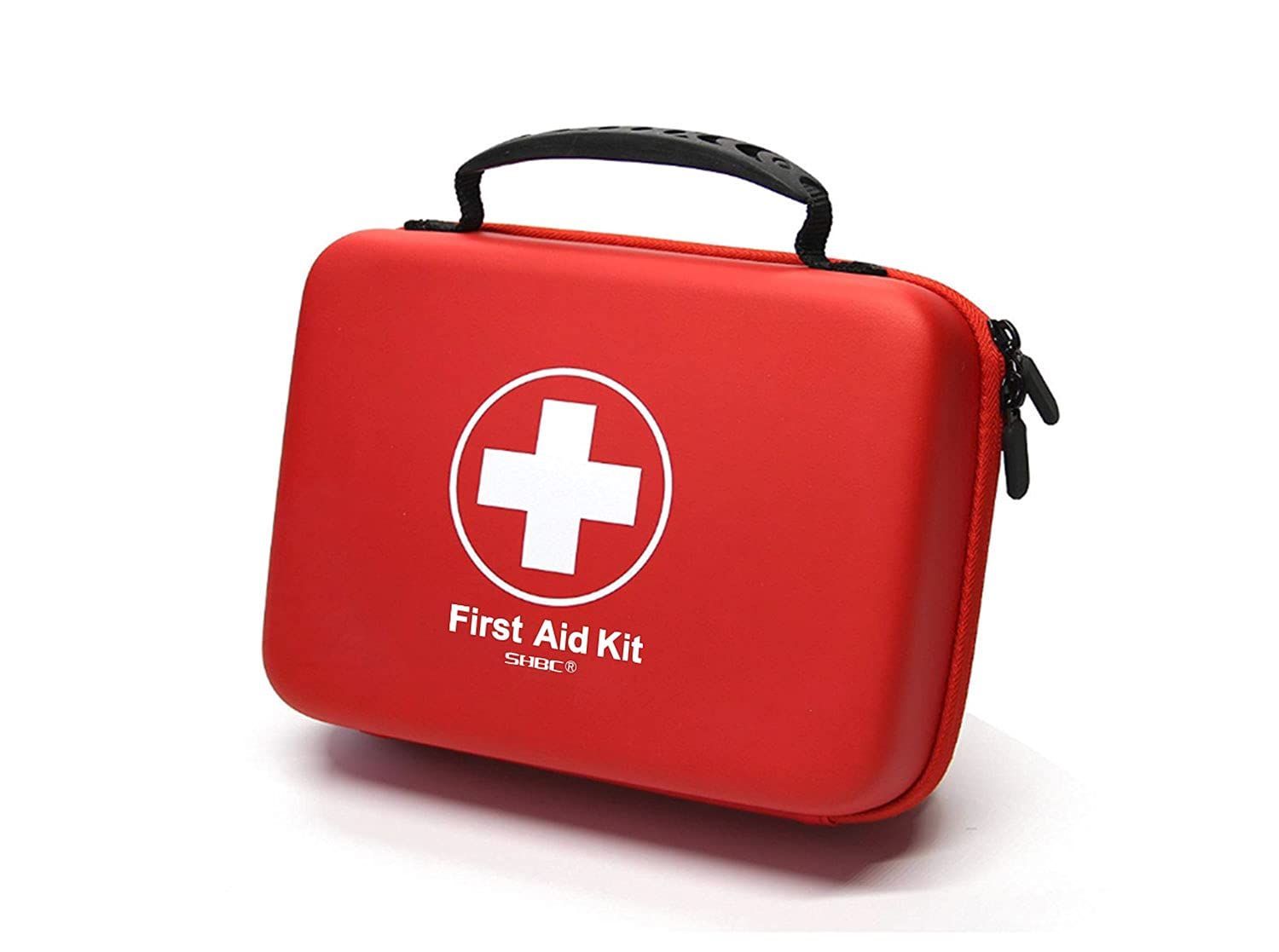 Red first aid kit with a white cross, black handle, and text