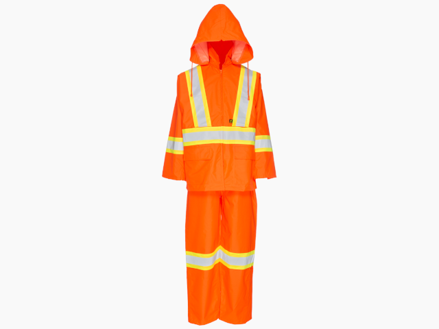Orange high-visibility rain suit with reflective stripes and hood, for worker safety | ProAuto