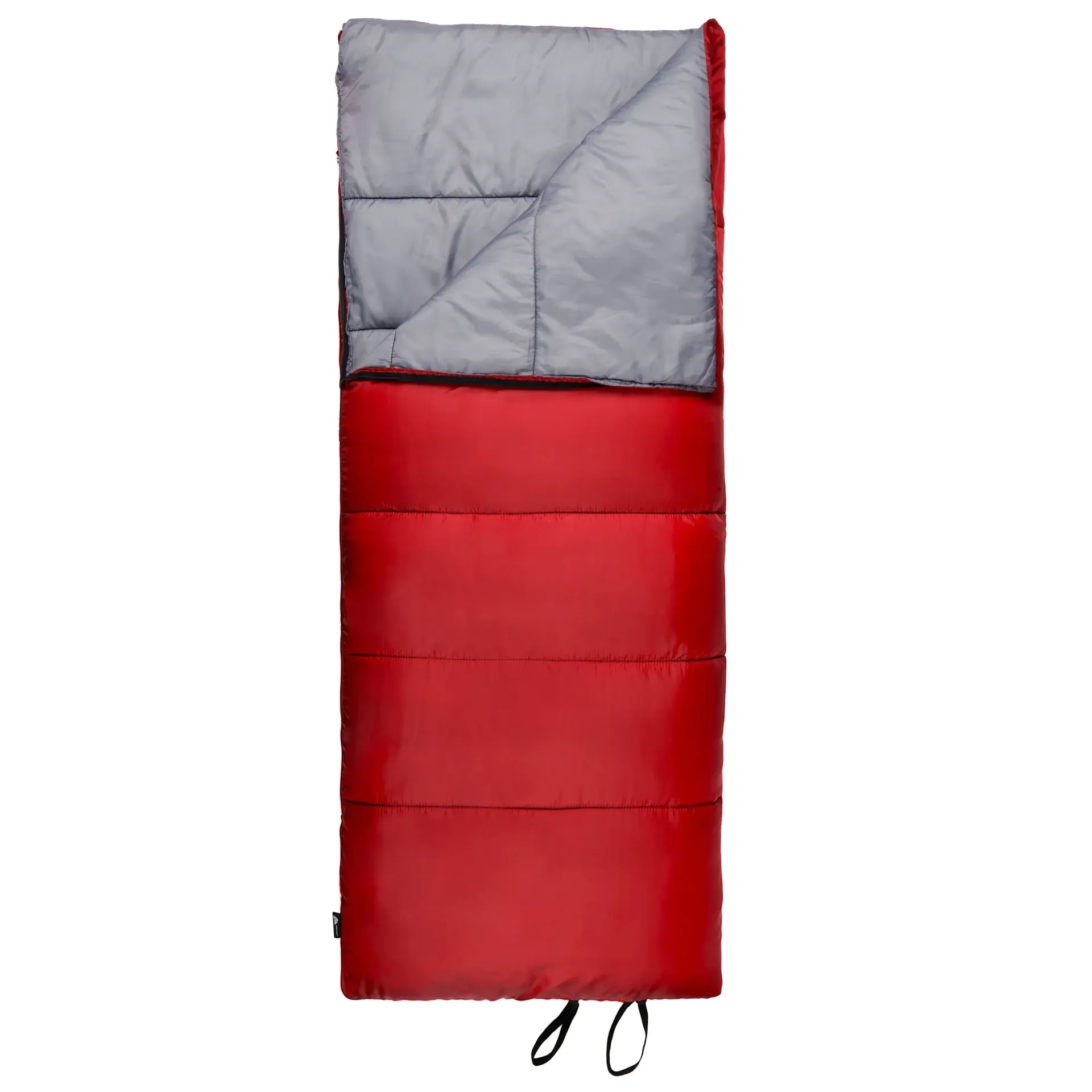 Red and gray sleeping bag, top-down view, zipped and open at the top | ProAuto