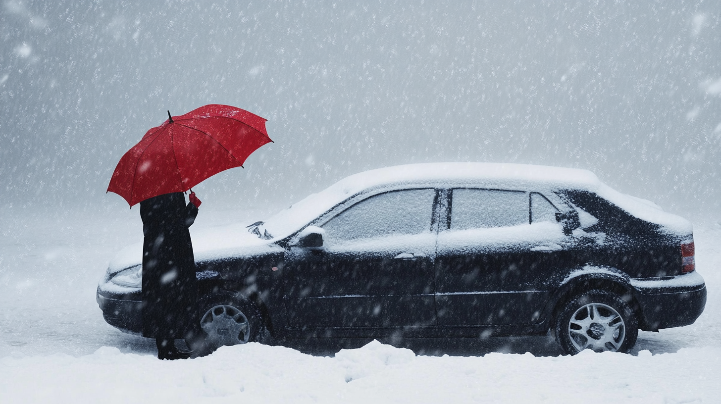 A person stands next to a snow-covered car, holding a red umbrella amidst a heavy snowfall.