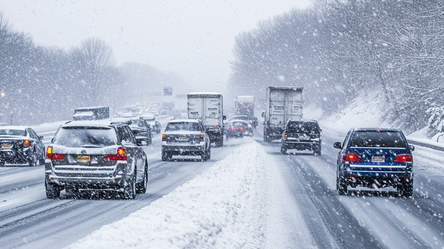 A snowy highway with heavy traffic. Cars and trucks are seen driving slowly due to the snow.