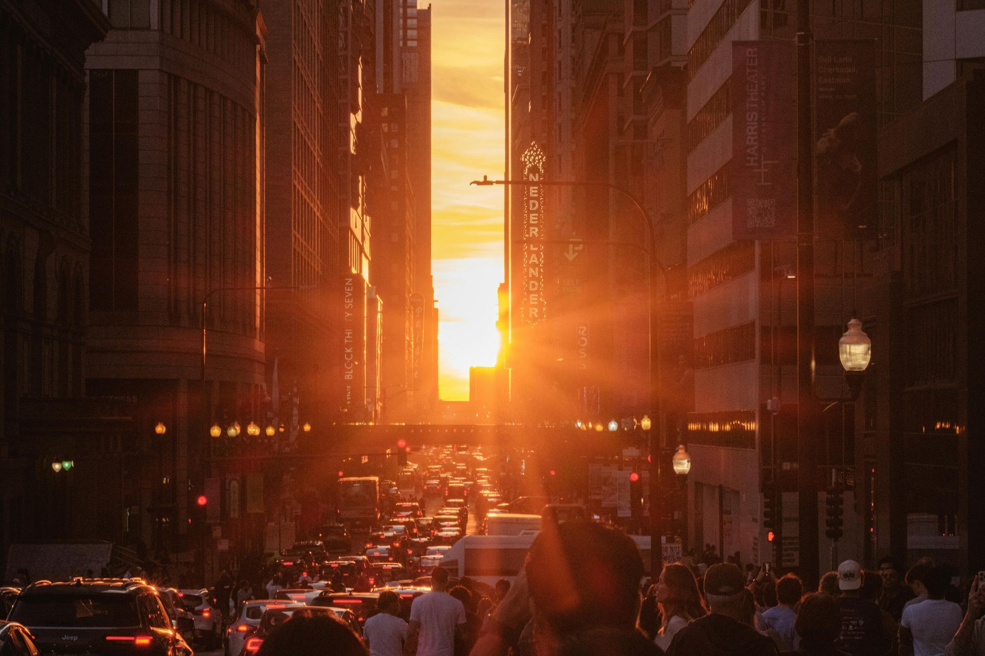 Driving in the city of Chicago on a hot summer evening.