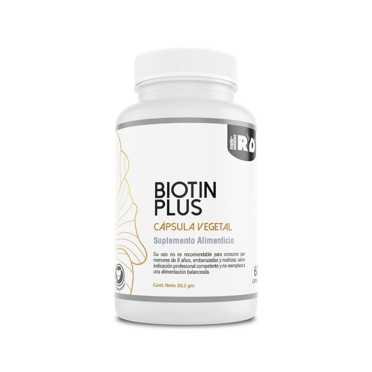 Botella blanca de cápsulas de Biotina Plus con etiqueta blanca y dorada.