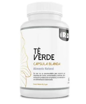 Botella blanca de cápsulas de gel blando “Té Verde”, complemento alimenticio natural.