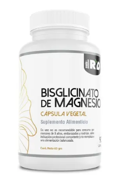 Botella blanca de cápsulas de “Bisglicinato de Magnesio”, con texto y diseño de hojas.