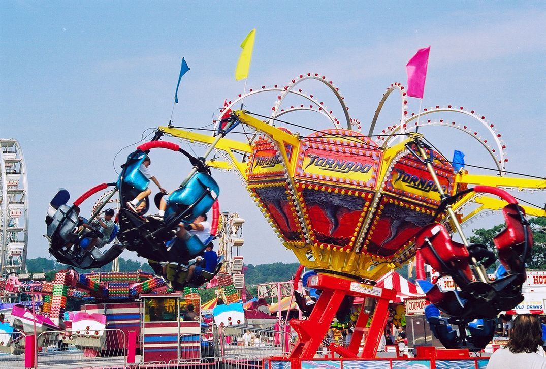 Thrill-seekers on the Tornado ride at the Maryland State Fairgrounds