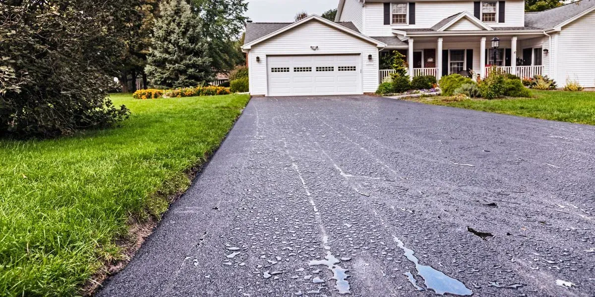 Wet asphalt driveway after a summer storm in Maryland showing water pooling and surface texture
