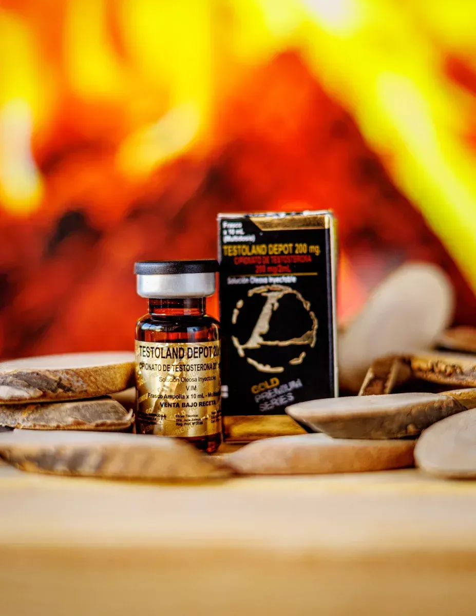 Un frasco y una caja de Testoland Depot 250 mg sobre un fondo cálido y difuminado, con rodajas de madera en primer plano.