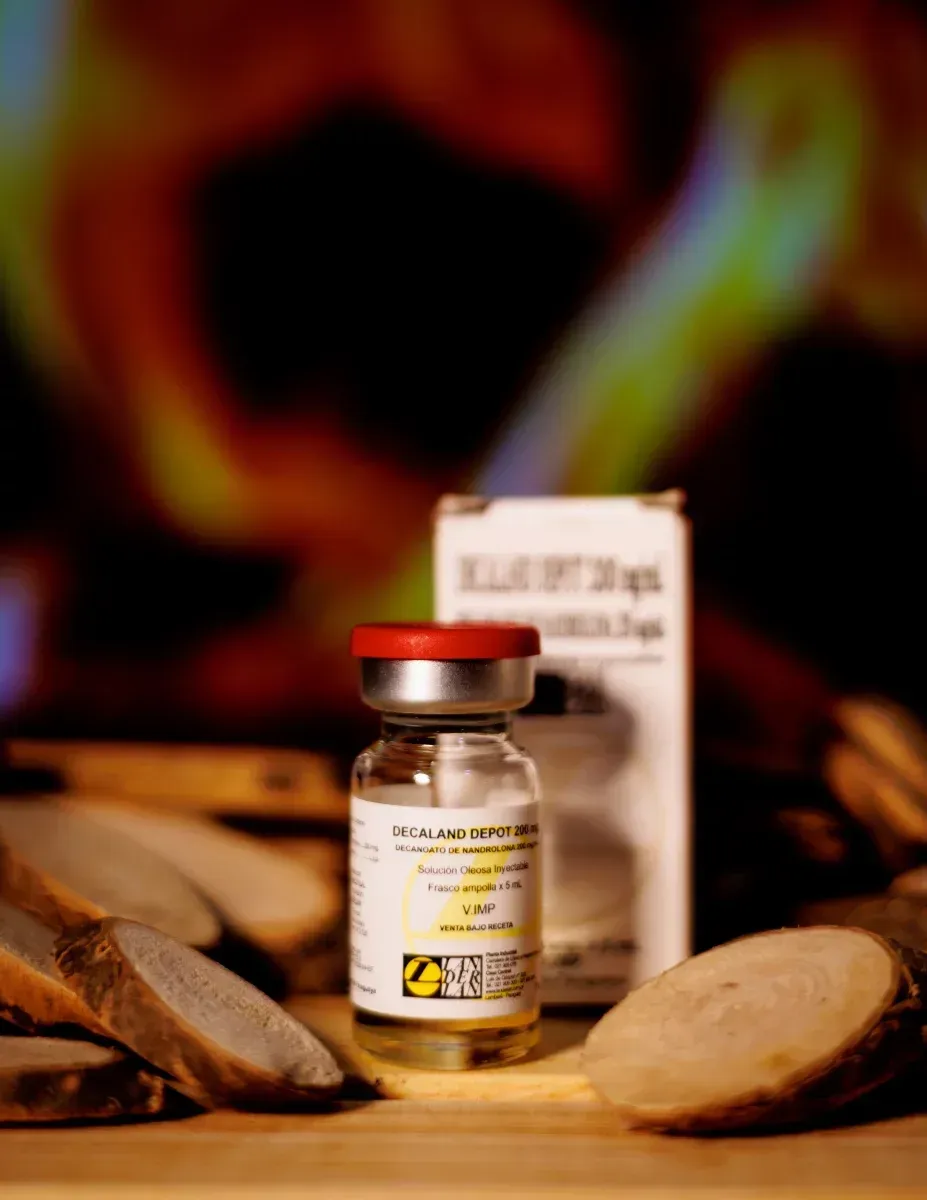 Un pequeño frasco de vidrio con tapa roja reposa sobre una superficie de madera