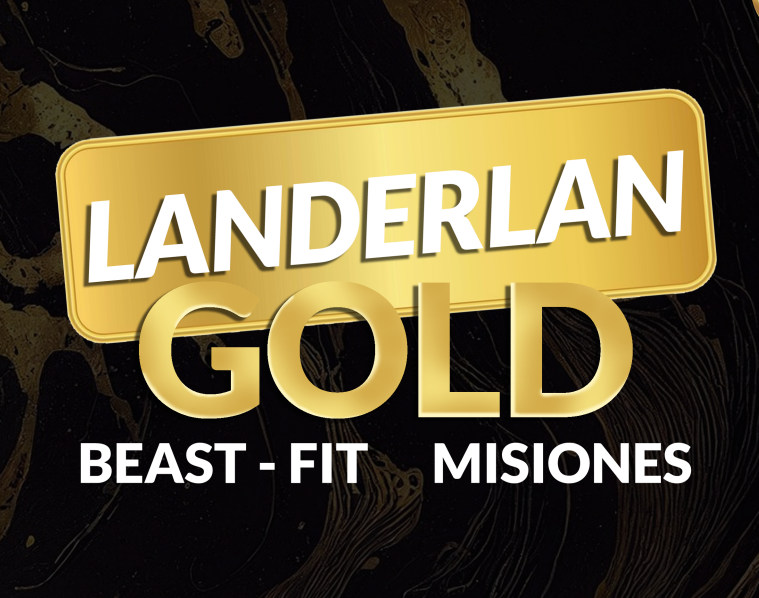 Logotipo de Landerlan Gold Beast-Fit Misiones con texto blanco y un marco rectangular dorado sobre un fondo oscuro jaspeado.