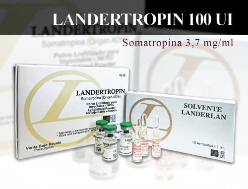 Dos cajas y varios viales de hormona de crecimiento Landertropin y disolvente, expuestos sobre un fondo blanco.