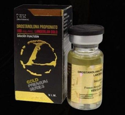 Un vial de 10 ml y su caja negra y dorada con la etiqueta Drostanolona Propionato 100 mg/ml