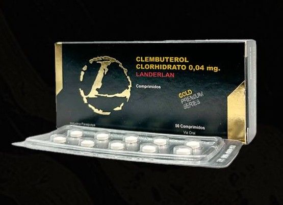 Una caja negra de comprimidos de Landerlan Clembuterol 0,04 mg con un blíster en la parte frontal sobre un fondo negro.