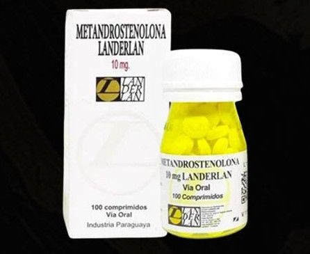 Un frasco y una caja de comprimidos de Landerlan Metandrostenolona de 10 mg.