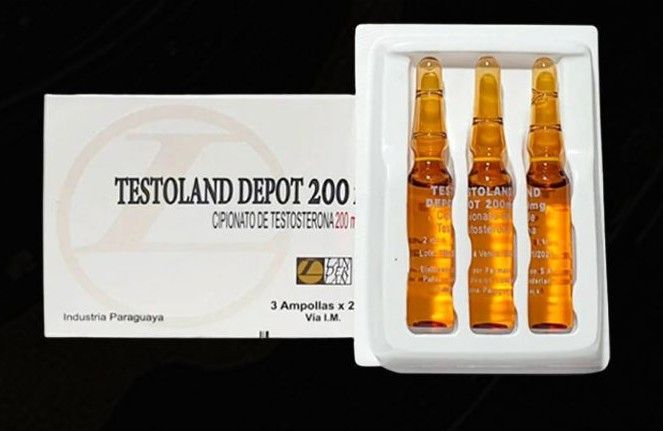 Una caja de Testoland Depot 200 de testosterona y una bandeja con tres ampollas de vidrio ámbar sobre un fondo negro.