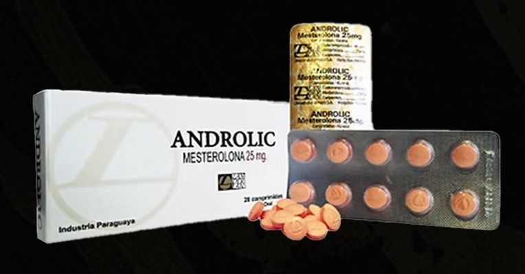 Una caja, un blíster y comprimidos sueltos de color naranja del medicamento Androlic