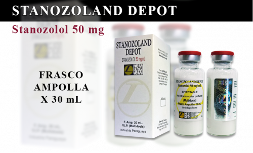 Envase del producto Stanozoland Depot, que incluye una caja blanca y dos viales de vidrio