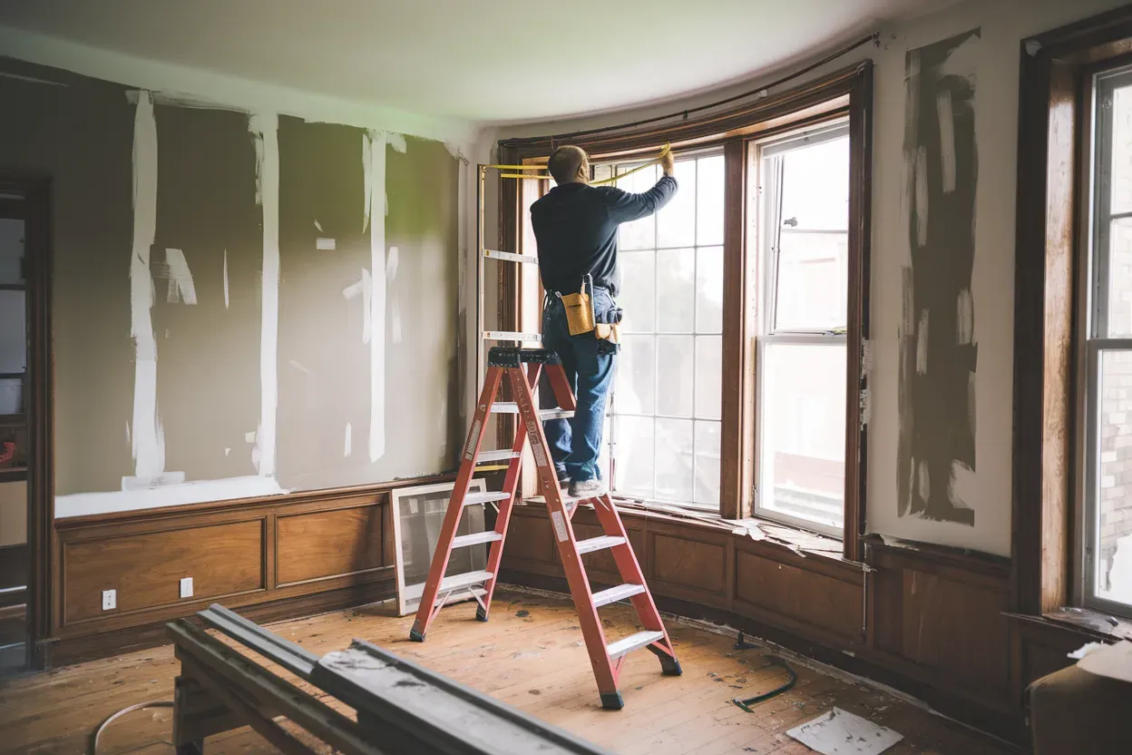 A man is standing on a ladder measuring a window.