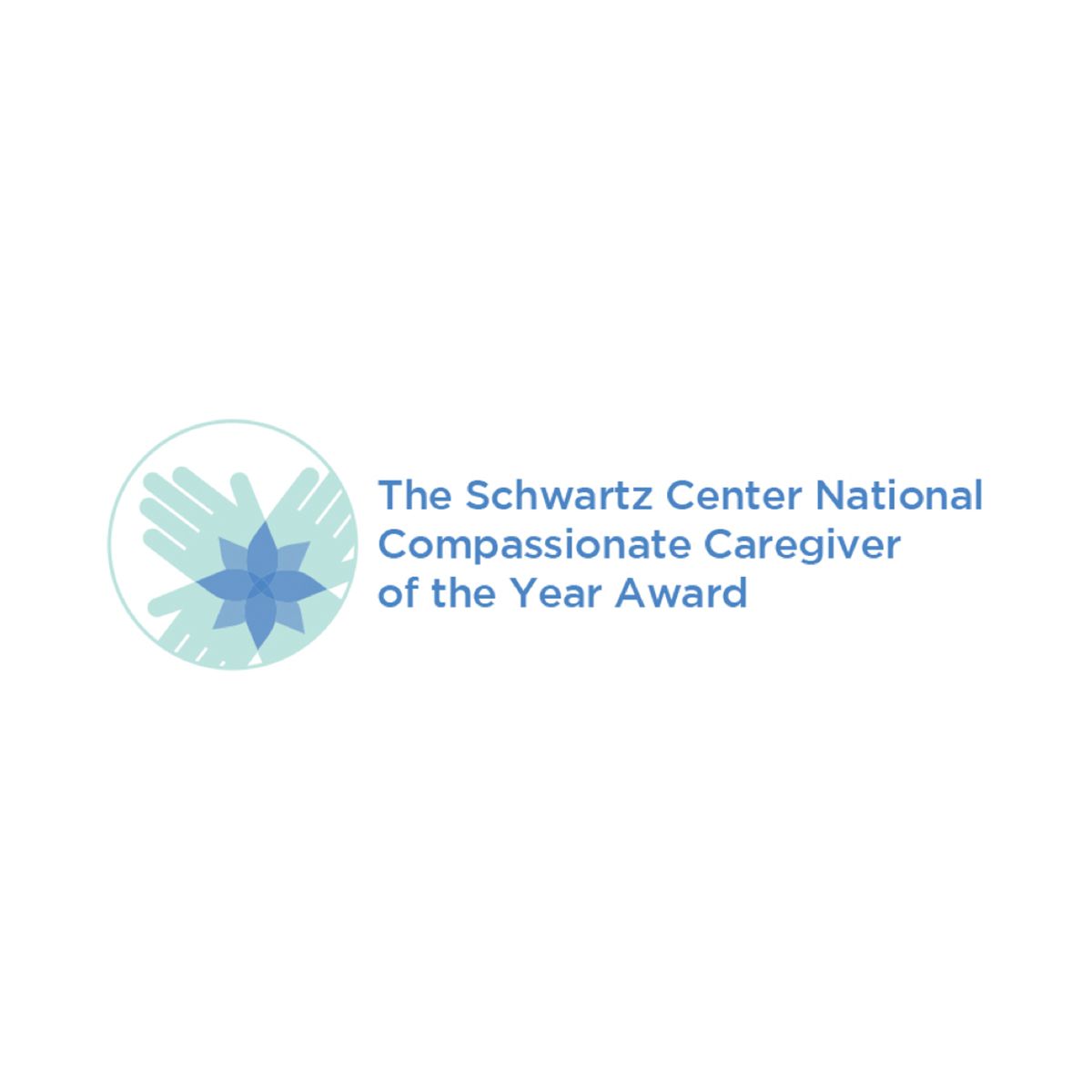 Logo for the Schwartz Center National Compassionate Caregiver of the Year Award: hands around a blue flower.