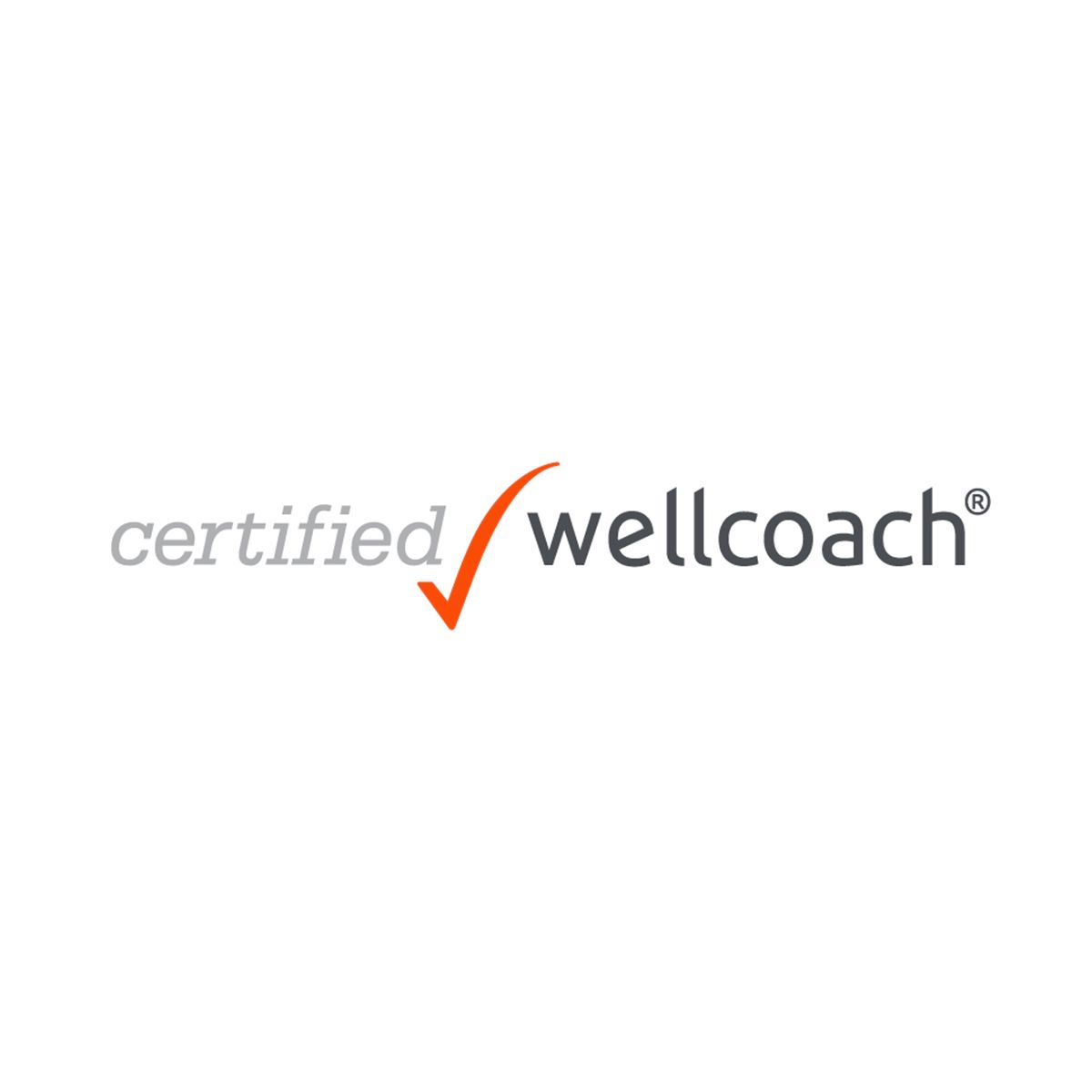Certified Wellcoach logo: Gray text and orange checkmark over