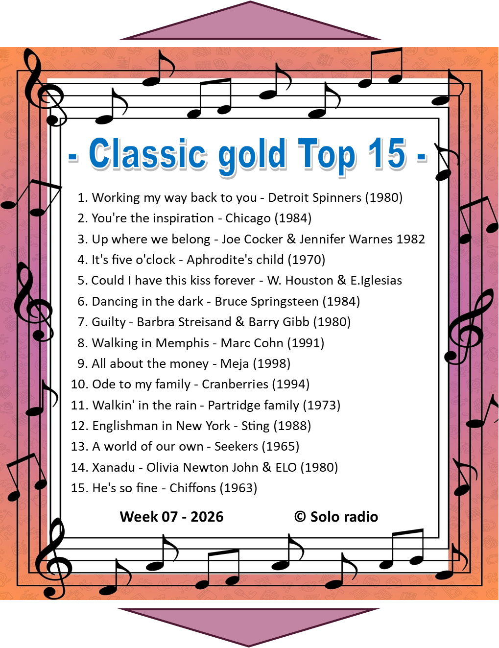 Klassieke gouden Top 15-hitlijst met songtitels en artiesten. Kleurrijke rand met muzieknoten.