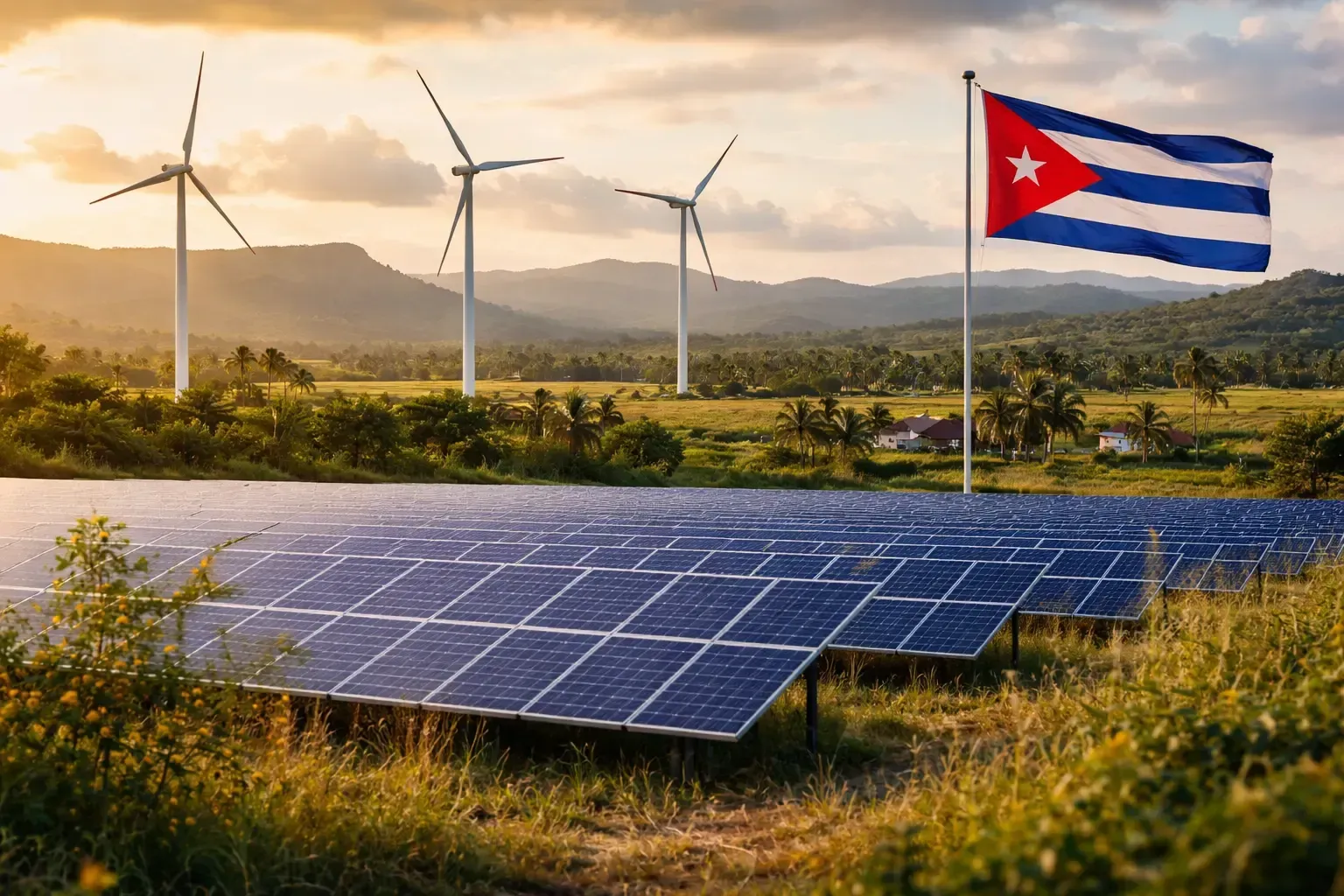 Solar panels and wind turbines in Cuba countryside under golden hour light with natural landscape 