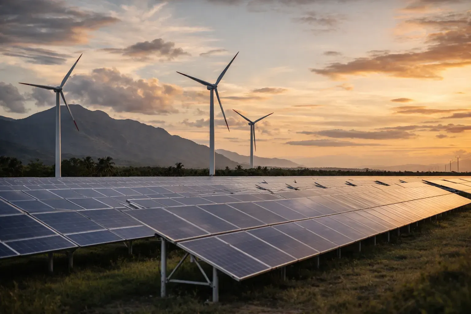 Solar panels in the foreground with wind turbines in the background against a sunset sky.