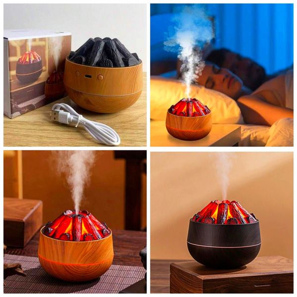Un collage de cuatro imágenes de un humidificador con forma de volcán.