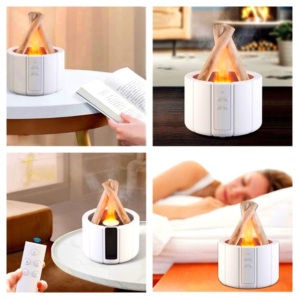 Una persona sostiene un control remoto frente a un humidificador con forma de tienda.
