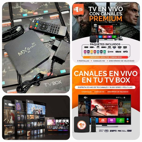 Un collage de imágenes de un televisor con un control remoto.