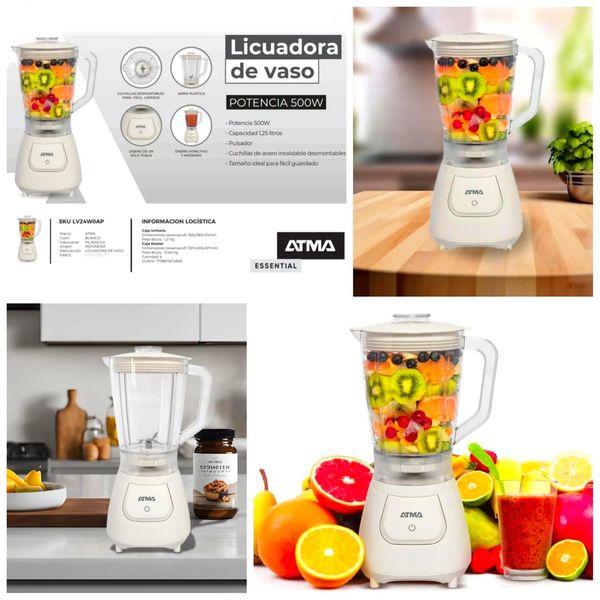 Una imagen de una licuadora de vaso con fruta dentro.