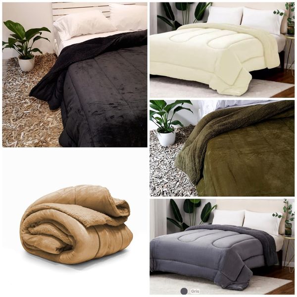Un collage de cuatro imágenes de edredones de diferentes colores sobre una cama.