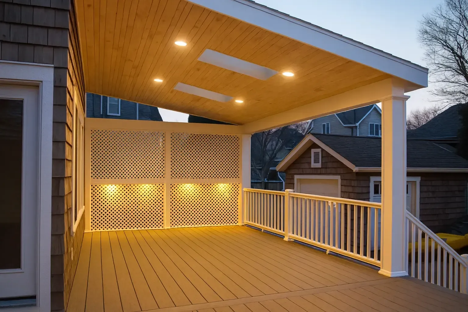 a covered deck with lights under the cover
