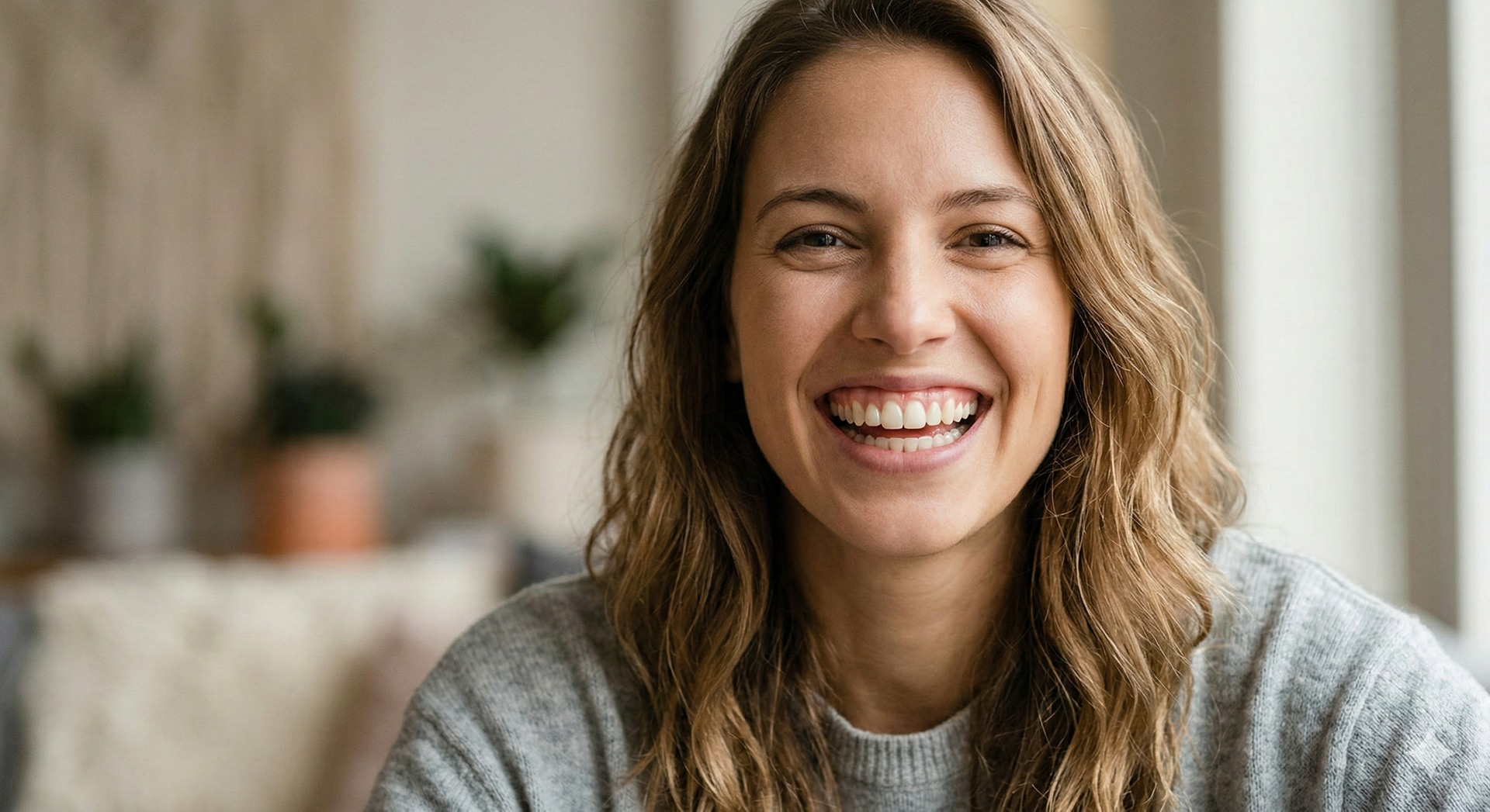 Woman with wavy brown hair smiles at the camera, wearing a gray sweater. Background blurred, natural light.