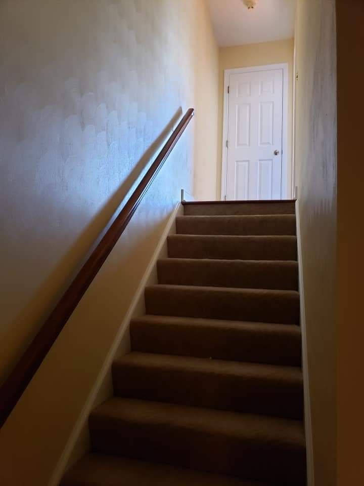 Narrow indoor staircase with brown carpet, wooden handrail, and a white door at the top.